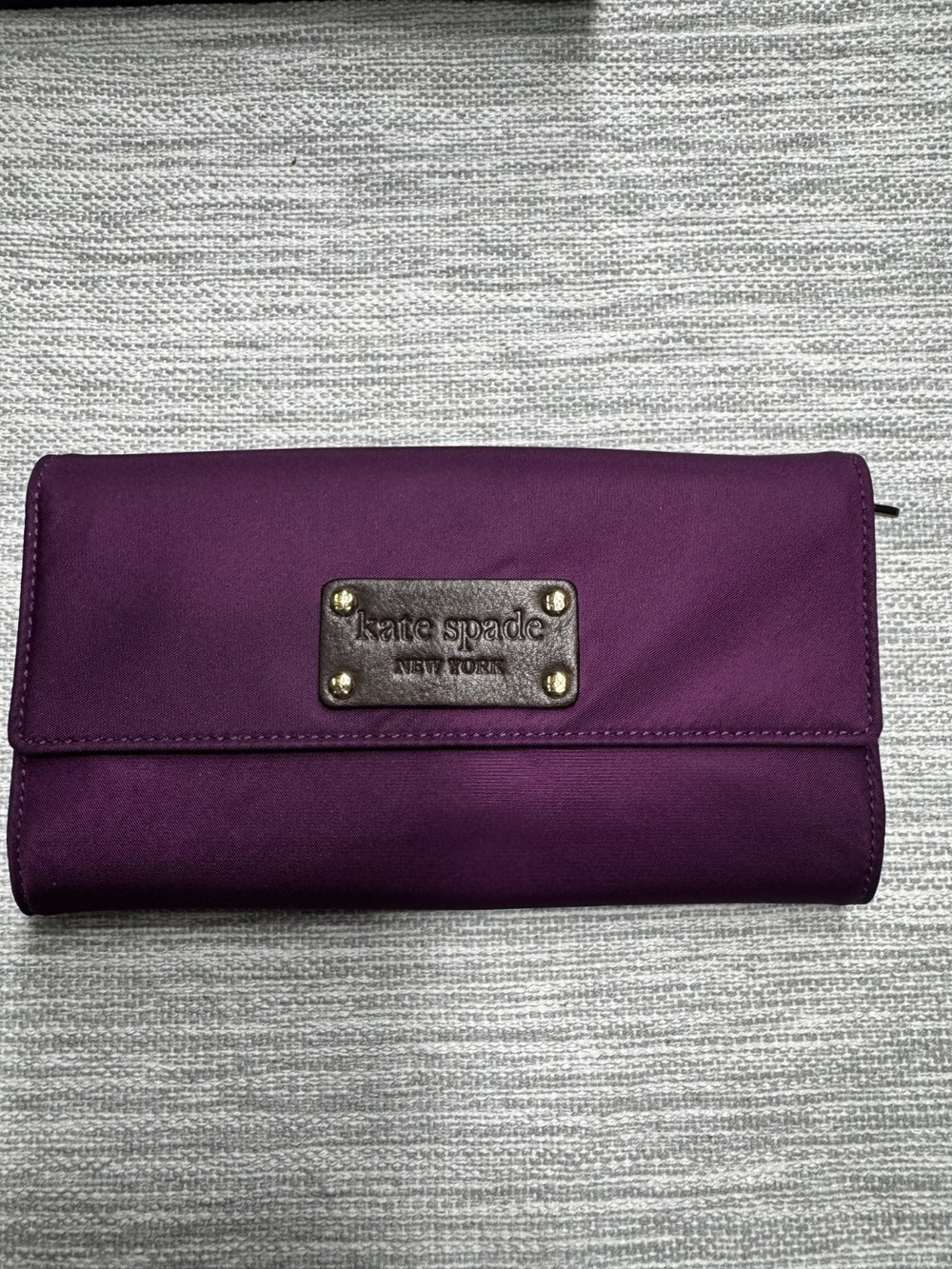 Kate Spade New York Purple Nylon Long Flap Wallet Brown Leather Trim Zip Coin